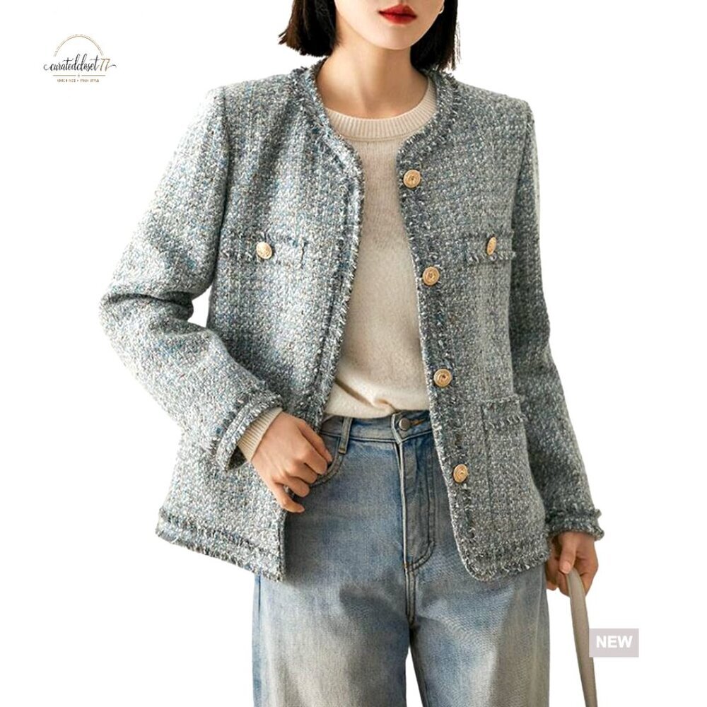 Tweed Blazer Jacket Button Down Collarless Office Work Coat Women's